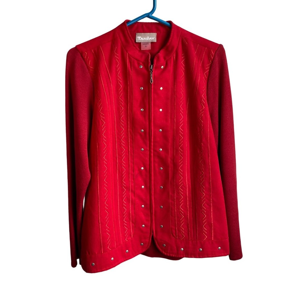 Vintage Tanjay Red faux suede/knit zip up studded womens jacket sz M